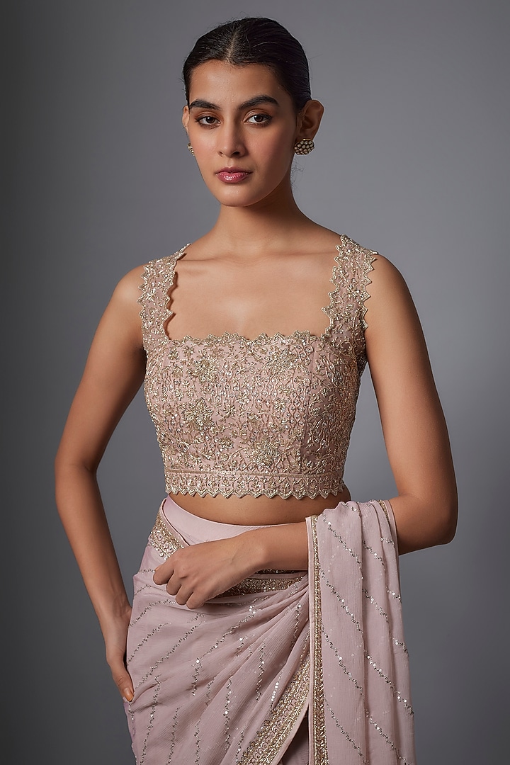 Champagne Chiffon Reception Saree Set by Anushree Reddy at Pernia's Pop Up Shop