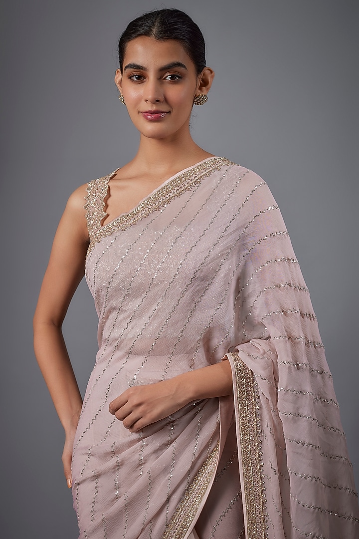 Champagne Chiffon Reception Saree Set by Anushree Reddy at Pernia's Pop Up Shop