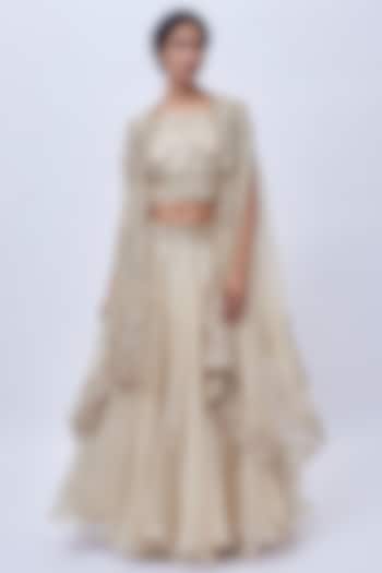Ivory Organza Hand Embroidered Cape Set by Anushree Reddy at Pernia's Pop Up Shop
