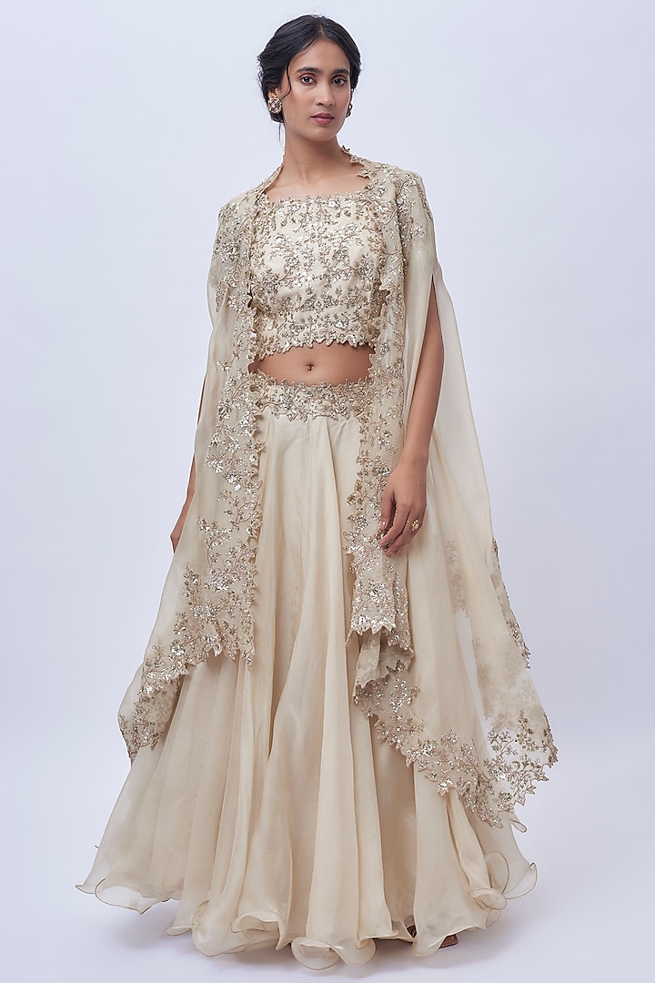 Ivory Organza Hand Embroidered Cape Set by Anushree Reddy at Pernia's Pop Up Shop