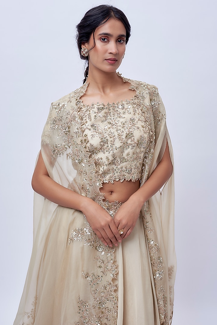 Ivory Organza Hand Embroidered Cape Set by Anushree Reddy at Pernia's Pop Up Shop