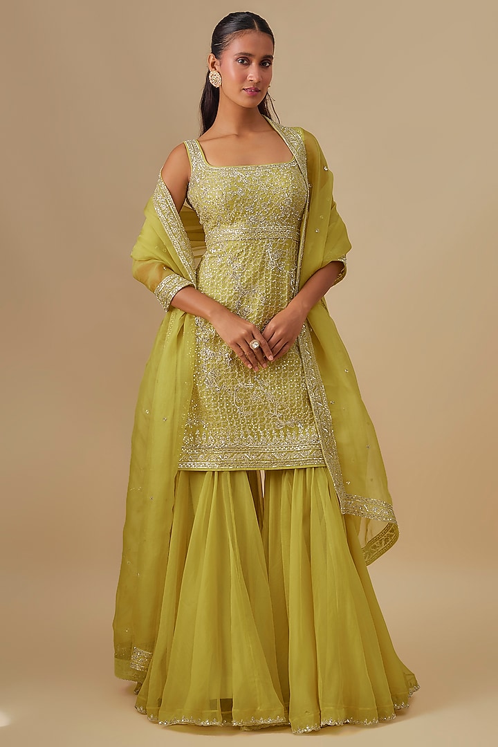 Yellow Organza Hand Embroidered Bridal Sharara Set by Anushree Reddy at Pernia's Pop Up Shop