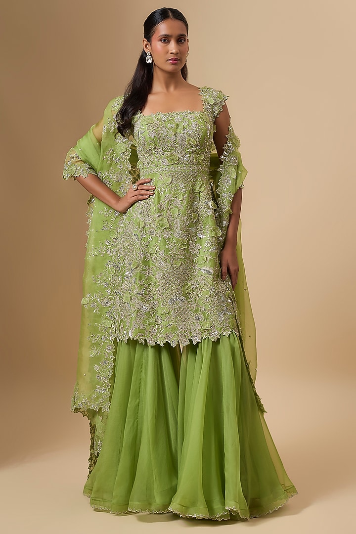 Chutney Green Organza Bridal Sharara Set by Anushree Reddy at Pernia's Pop Up Shop