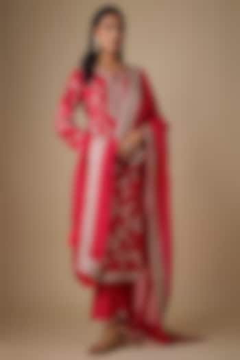Red Dupion Silk Hand & Machine Embroidered Kurta Set by Anushree Reddy at Pernia's Pop Up Shop