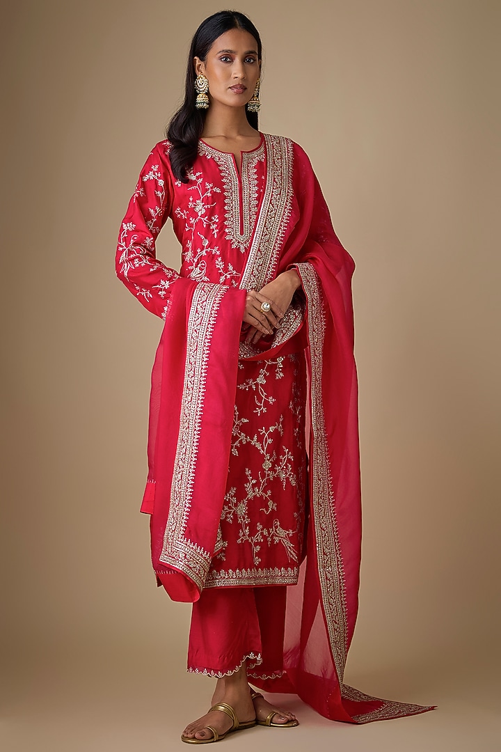 Red Dupion Silk Hand & Machine Embroidered Kurta Set by Anushree Reddy at Pernia's Pop Up Shop