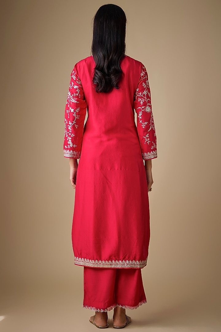 Red Dupion Silk Hand & Machine Embroidered Kurta Set by Anushree Reddy at Pernia's Pop Up Shop
