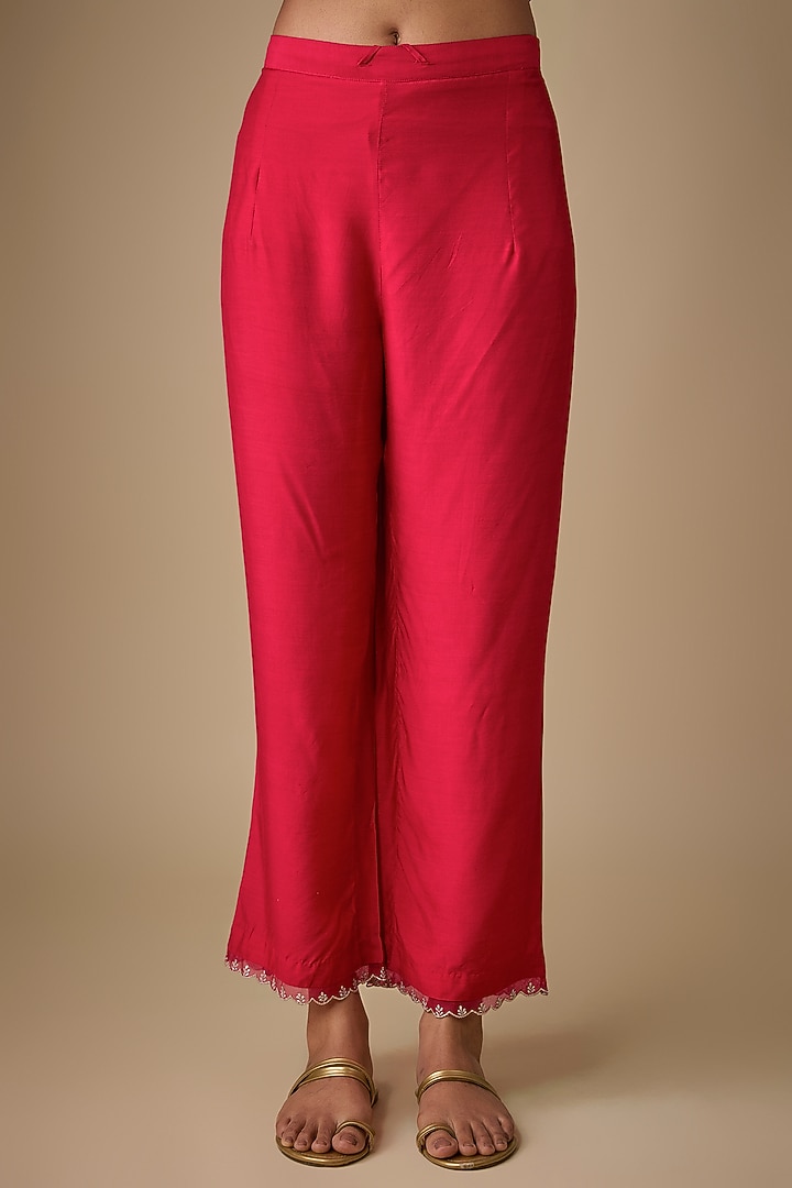 Red Dupion Silk Hand & Machine Embroidered Kurta Set by Anushree Reddy at Pernia's Pop Up Shop