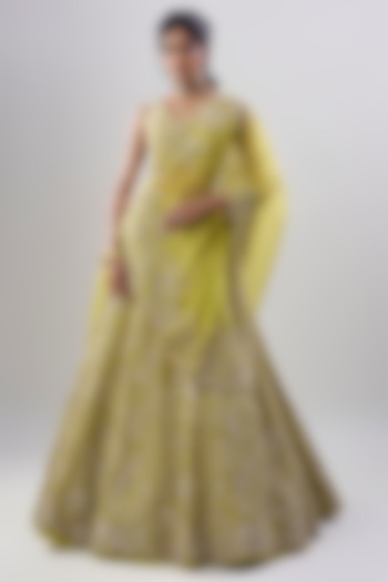 Lime Green Organza Hand Embroidered Bridal lehenga for 22 Lehenga Set by Anushree Reddy at Pernia's Pop Up Shop