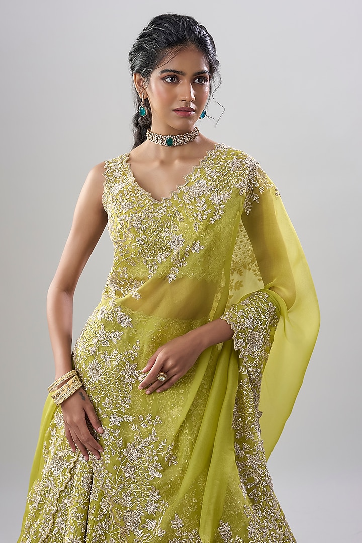 Lime Green Organza Hand Embroidered Bridal Lehenga Set by Anushree Reddy at Pernia's Pop Up Shop