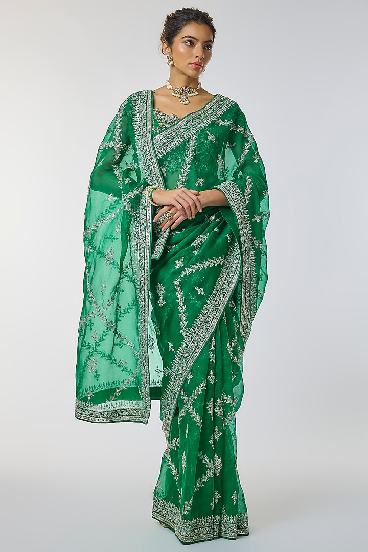 Emerald Green Organza Embroidered Reception Saree Set by Anushree Reddy at Pernia's Pop Up Shop
