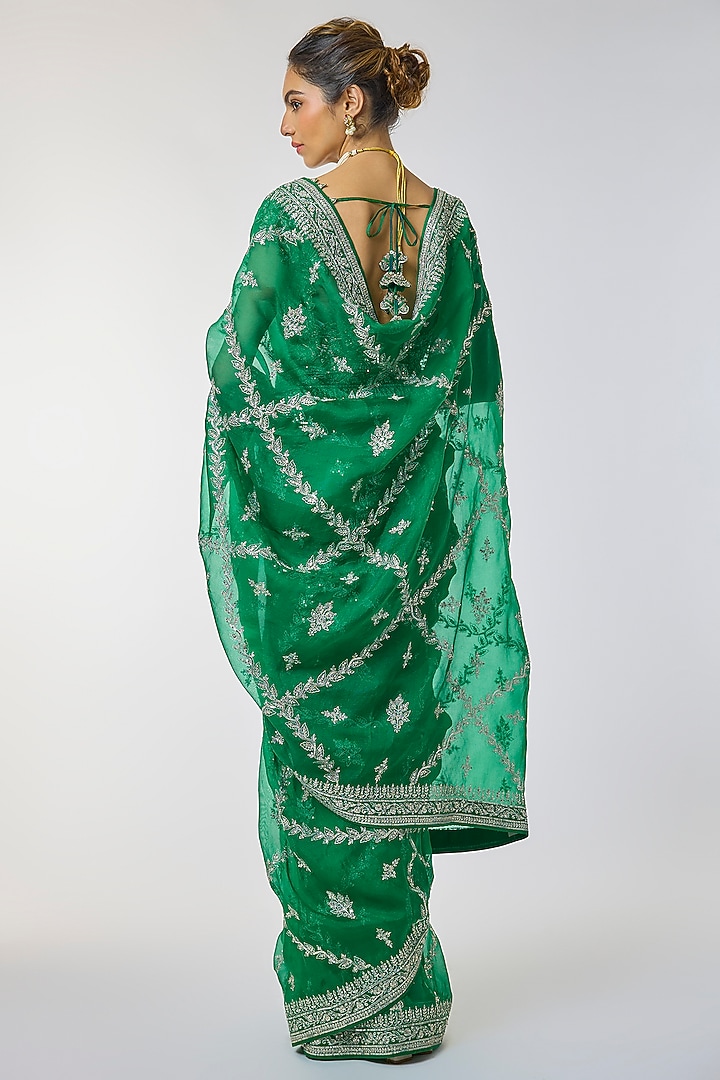 Emerald Green Organza Embroidered Reception Saree Set by Anushree Reddy at Pernia's Pop Up Shop