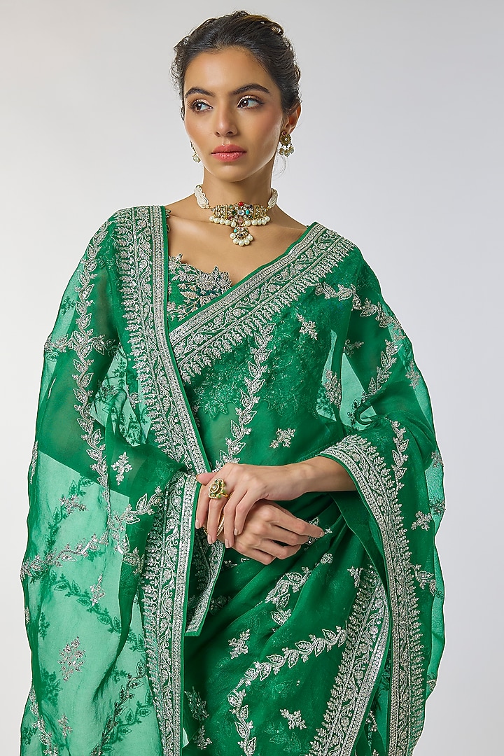 Emerald Green Organza Embroidered Reception Saree Set by Anushree Reddy at Pernia's Pop Up Shop