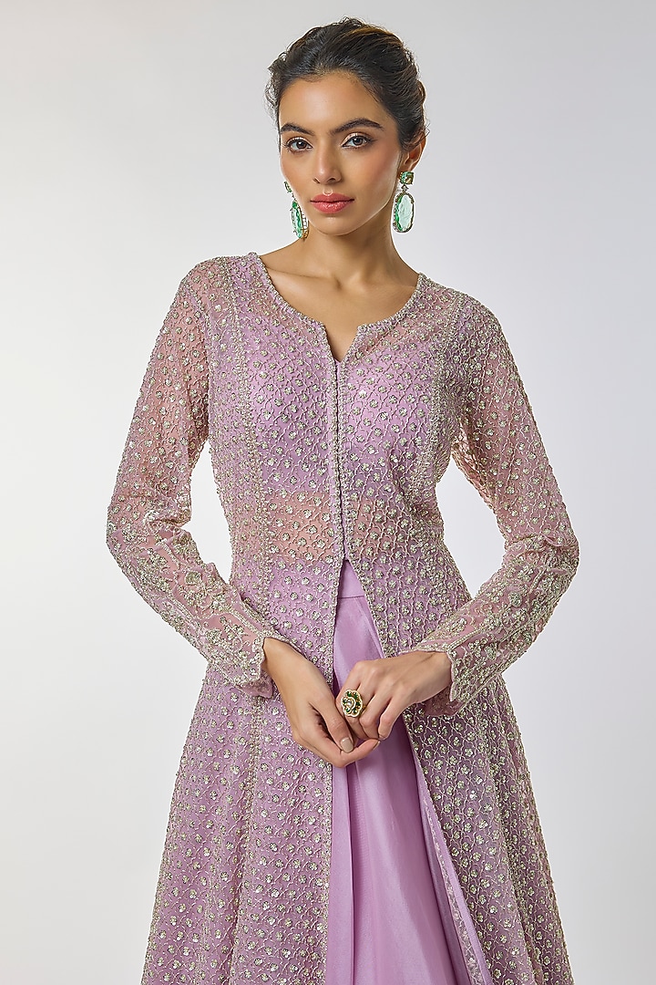 Lavender Pink Net Embroidered Jacket Set by Anushree Reddy at Pernia's Pop Up Shop