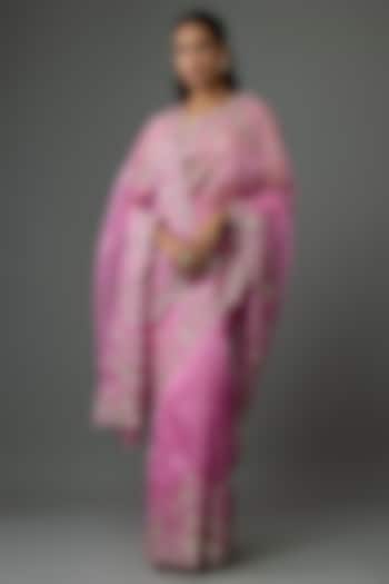 Onion Pink Organza Hand & Machine Embroidered Bridal Saree Set by Anushree Reddy at Pernia's Pop Up Shop