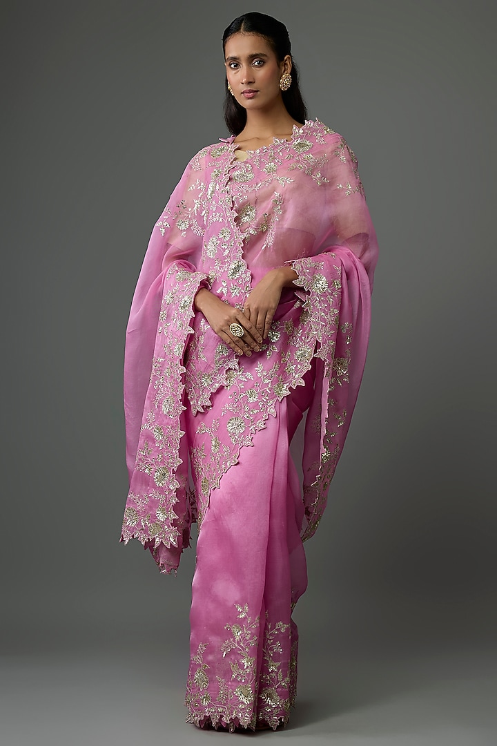 Onion Pink Organza Hand & Machine Embroidered Bridal Saree Set by Anushree Reddy at Pernia's Pop Up Shop