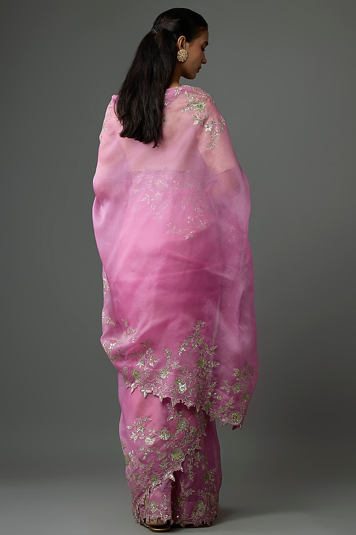 Onion Pink Organza Hand & Machine Embroidered Bridal Saree Set by Anushree Reddy at Pernia's Pop Up Shop