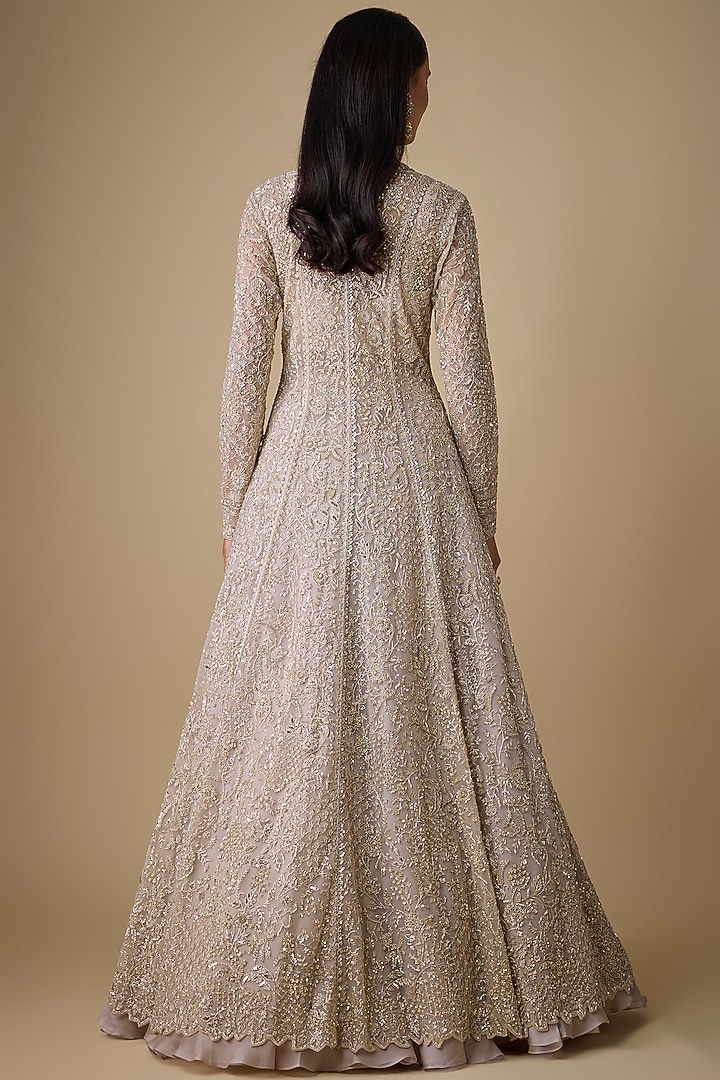 Grey & Ivory Net Embroidered Jacket Set by Anushree Reddy at Pernia's Pop Up Shop