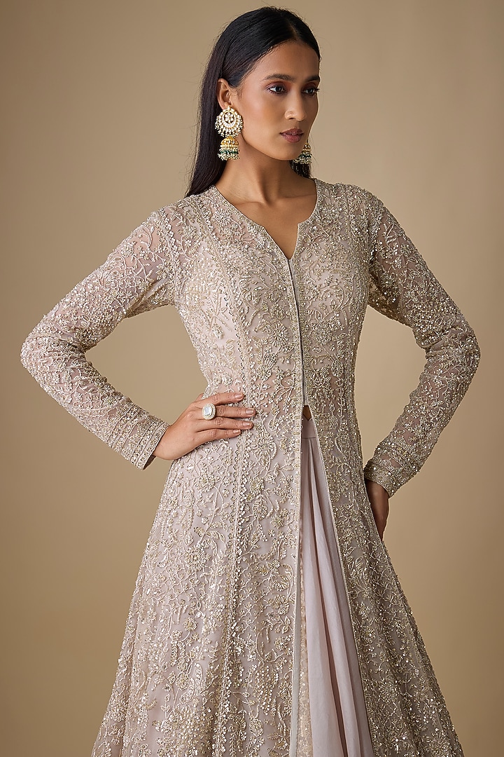 Grey & Ivory Net Embroidered Jacket Set by Anushree Reddy at Pernia's Pop Up Shop
