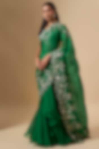 Emerald Green Organza Zari Cutwork Ruffled Reception Saree Set by Anushree Reddy at Pernia's Pop Up Shop