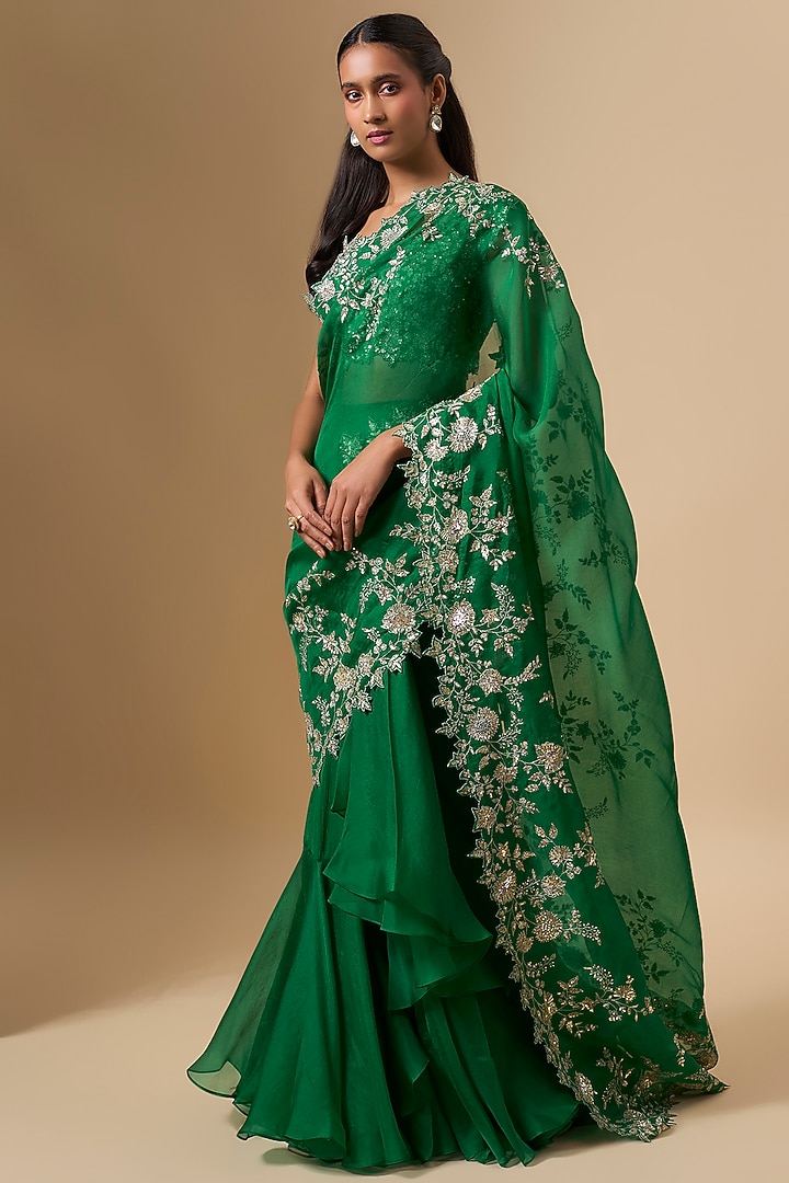 Emerald Green Organza Zari Cutwork Ruffled Reception Saree Set by Anushree Reddy at Pernia's Pop Up Shop