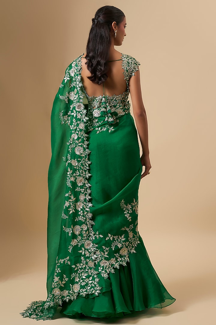 Emerald Green Organza Zari Cutwork Ruffled Reception Saree Set by Anushree Reddy at Pernia's Pop Up Shop