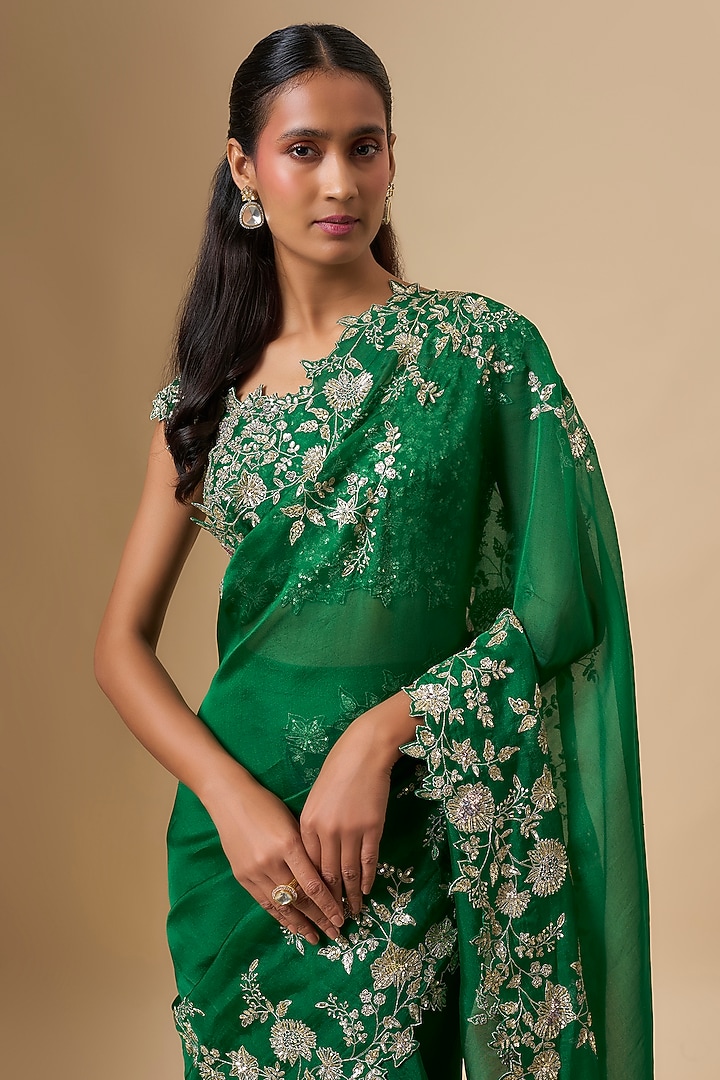Emerald Green Organza Zari Cutwork Ruffled Reception Saree Set by Anushree Reddy at Pernia's Pop Up Shop