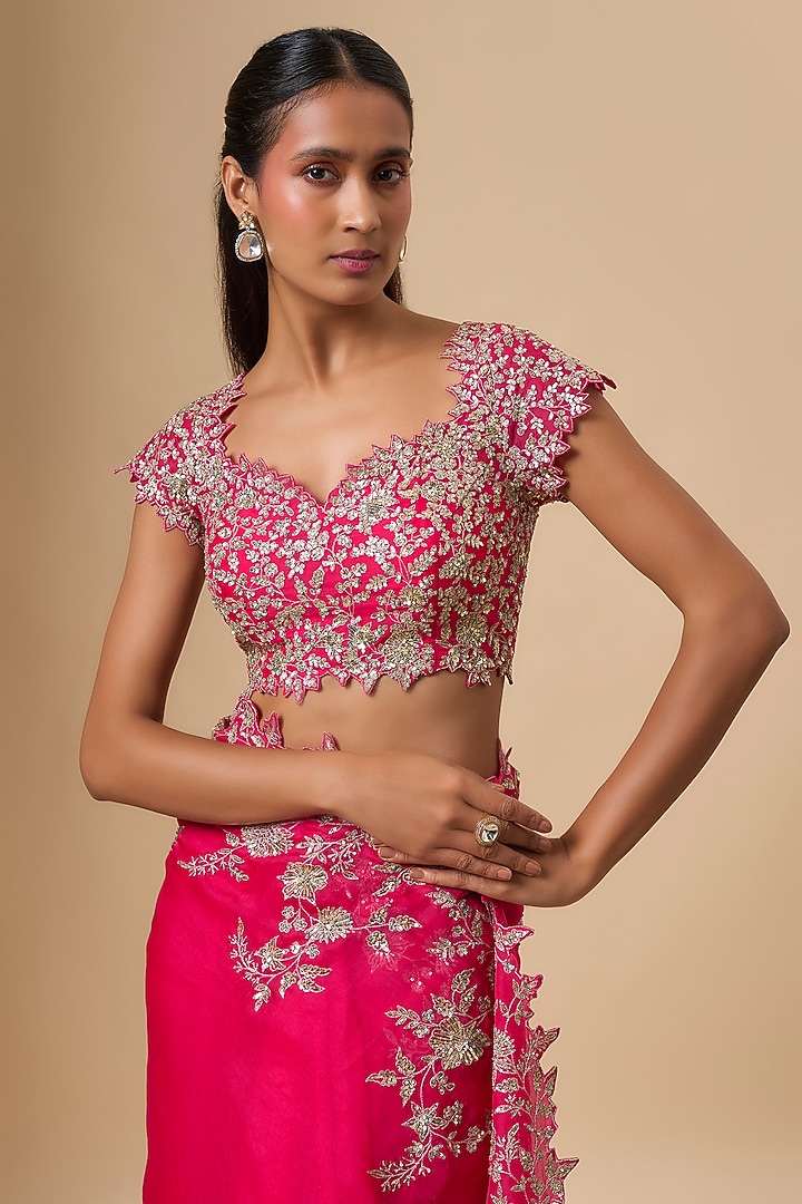 Cherry Red Organza Zari Cutwork Ruffled Reception Saree Set by Anushree Reddy at Pernia's Pop Up Shop