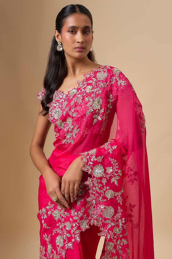 Cherry Red Organza Zari Cutwork Ruffled Reception Saree Set by Anushree Reddy at Pernia's Pop Up Shop