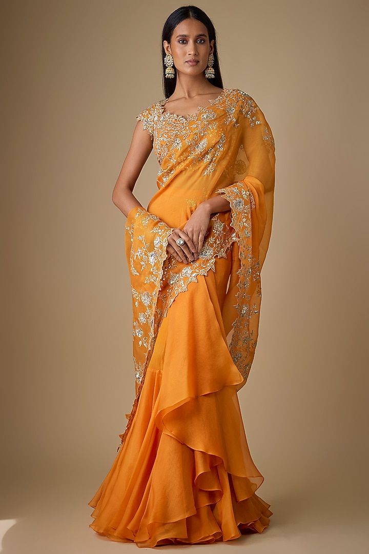 Orange Organza Hand Embroidered Ruffled Reception Saree Set by Anushree Reddy at Pernia's Pop Up Shop