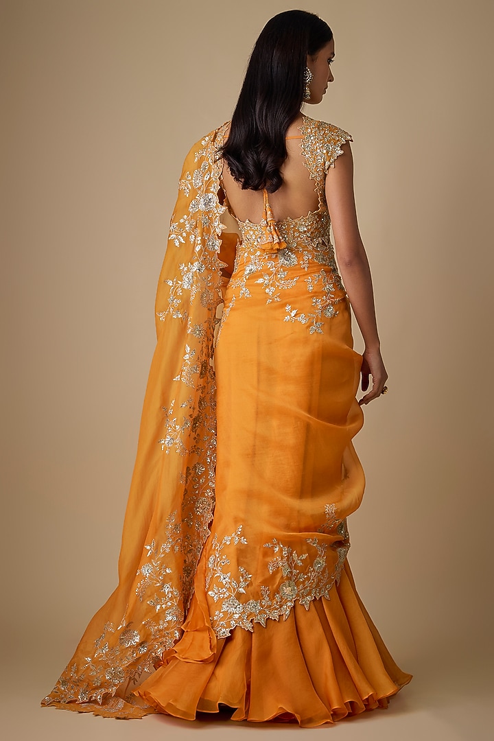 Orange Organza Hand Embroidered Ruffled Reception Saree Set by Anushree Reddy at Pernia's Pop Up Shop