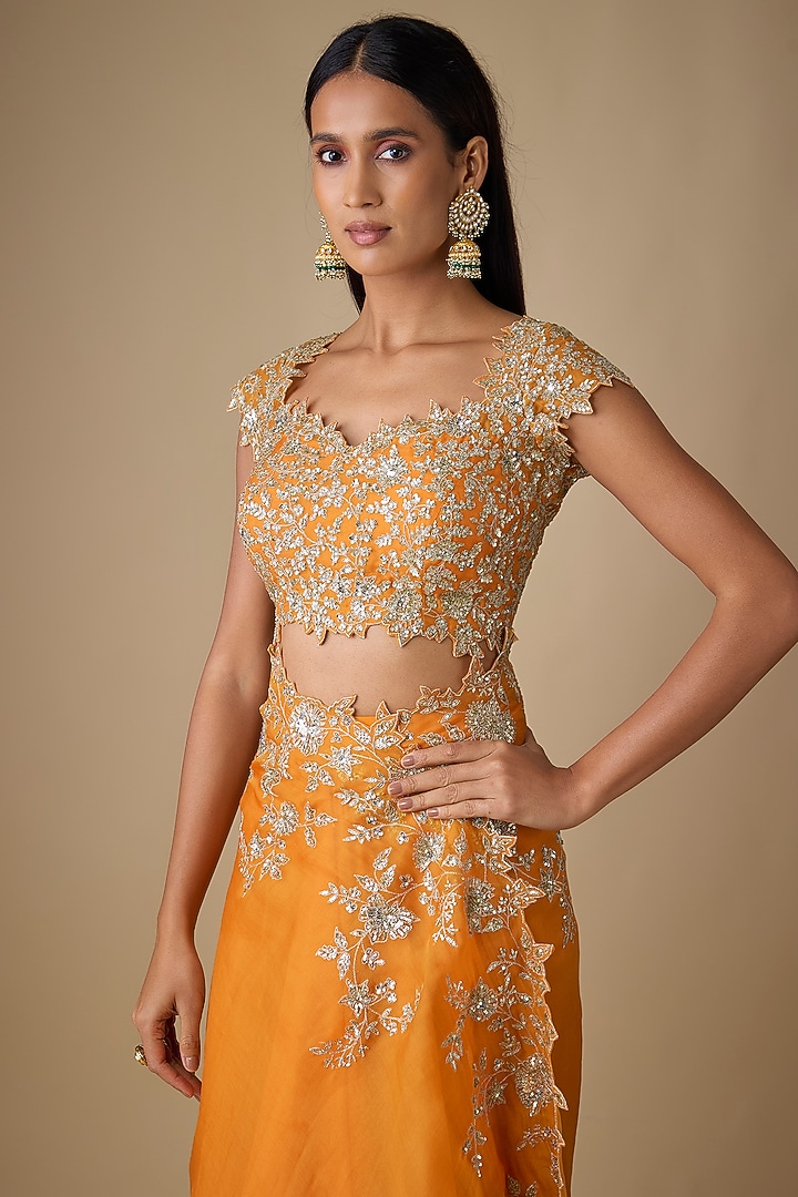Orange Organza Hand Embroidered Ruffled Reception Saree Set by Anushree Reddy at Pernia's Pop Up Shop