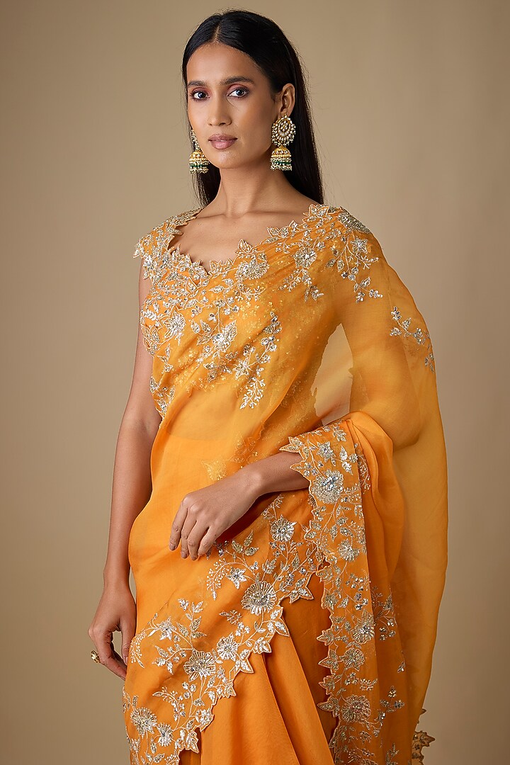 Orange Organza Hand Embroidered Ruffled Reception Saree Set by Anushree Reddy at Pernia's Pop Up Shop