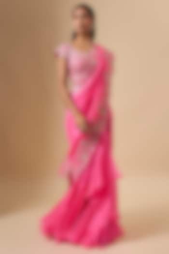 Candy Pink Organza Zari Cutwork Ruffled Reception Saree Set by Anushree Reddy at Pernia's Pop Up Shop