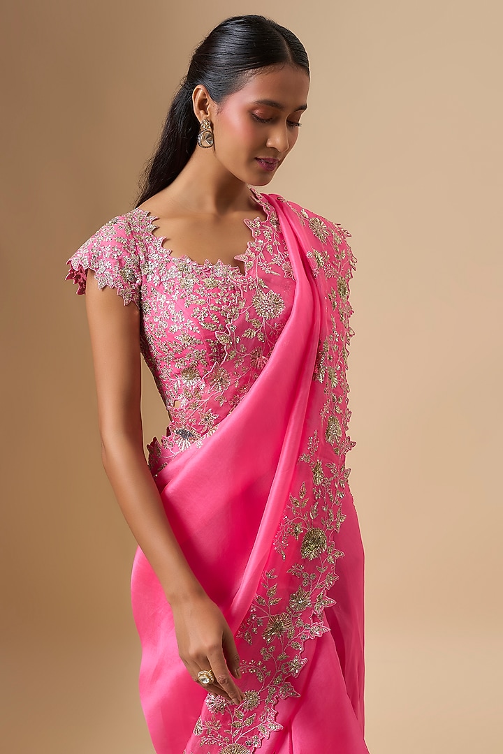 Candy Pink Organza Zari Cutwork Ruffled Reception Saree Set by Anushree Reddy at Pernia's Pop Up Shop