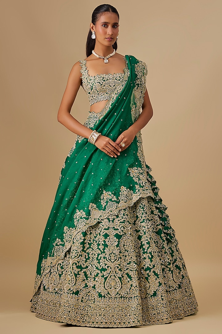 Emerald Green Organza Hand Embroidered Bridal Lehenga Set by Anushree Reddy at Pernia's Pop Up Shop