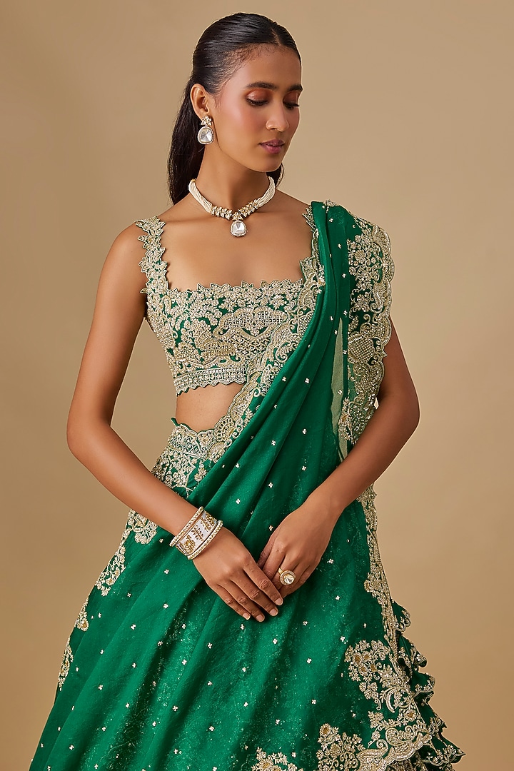 Emerald Green Organza Hand Embroidered Bridal Lehenga Set by Anushree Reddy at Pernia's Pop Up Shop