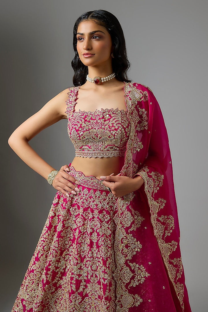 Cherry Red Organza Hand Embroidered Bridal Lehenga Set by Anushree Reddy at Pernia's Pop Up Shop