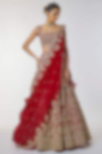 Red Organza Hand Embroidered Bridal Lehenga Set by Anushree Reddy at Pernia's Pop Up Shop