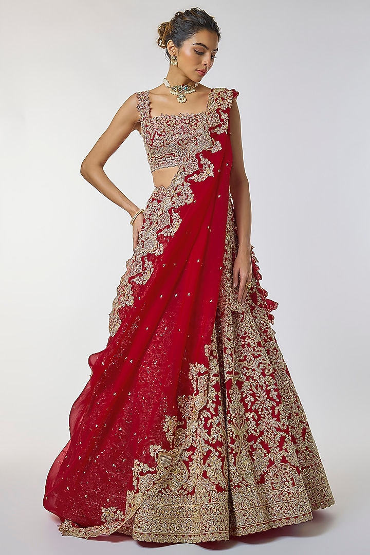 Red Organza Hand Embroidered Bridal Lehenga Set by Anushree Reddy at Pernia's Pop Up Shop