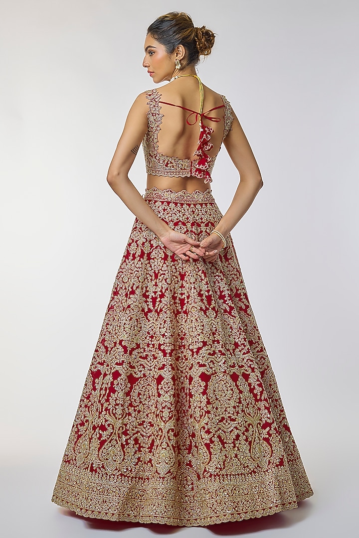 Red Organza Hand Embroidered Bridal Lehenga Set by Anushree Reddy at Pernia's Pop Up Shop