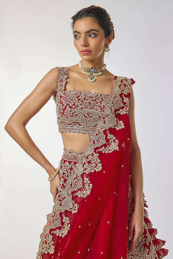 Red Organza Hand Embroidered Bridal Lehenga Set by Anushree Reddy at Pernia's Pop Up Shop