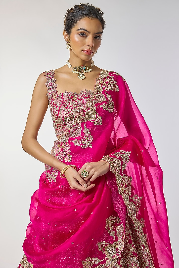 Hot Pink Organza Hand Embroidered Bridal Lehenga Set by Anushree Reddy at Pernia's Pop Up Shop