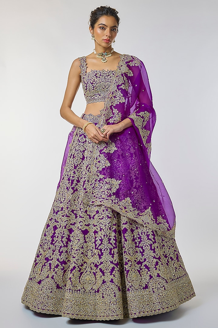 Purple Organza Hand Embroidered Bridal Lehenga Set by Anushree Reddy at Pernia's Pop Up Shop