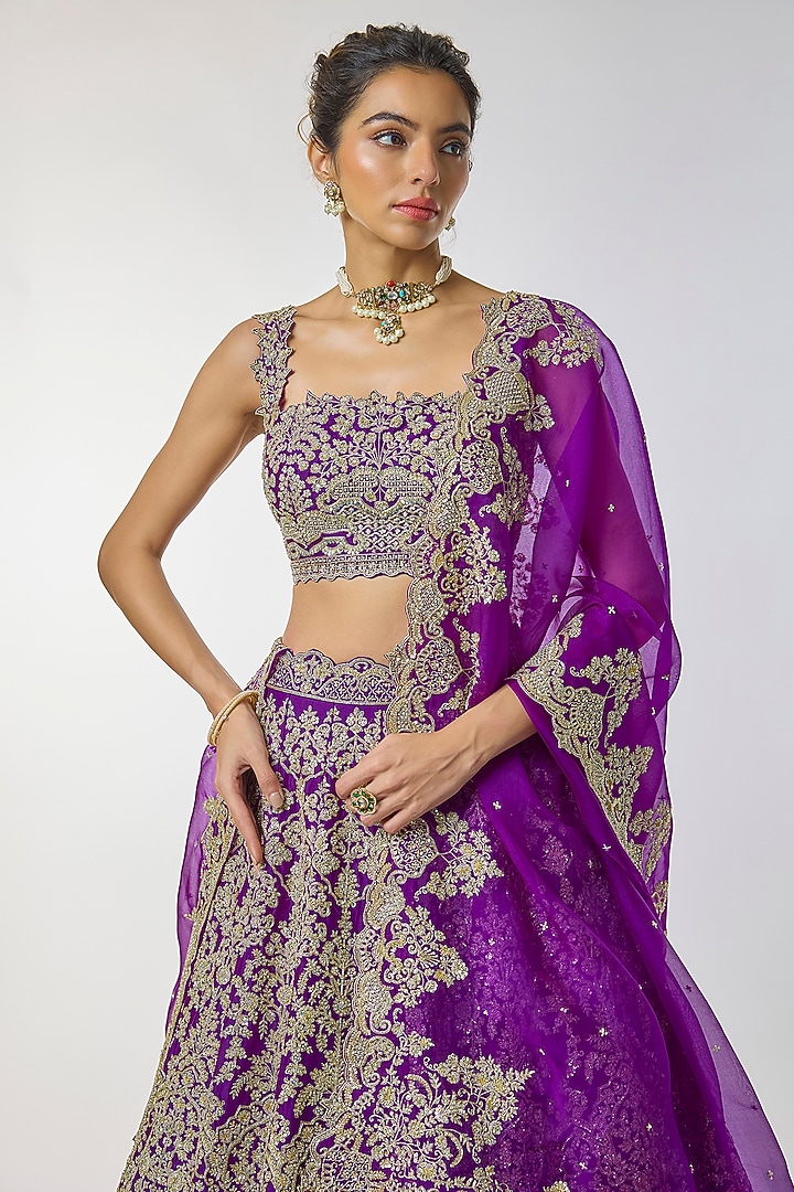 Purple Organza Hand Embroidered Bridal Lehenga Set by Anushree Reddy at Pernia's Pop Up Shop
