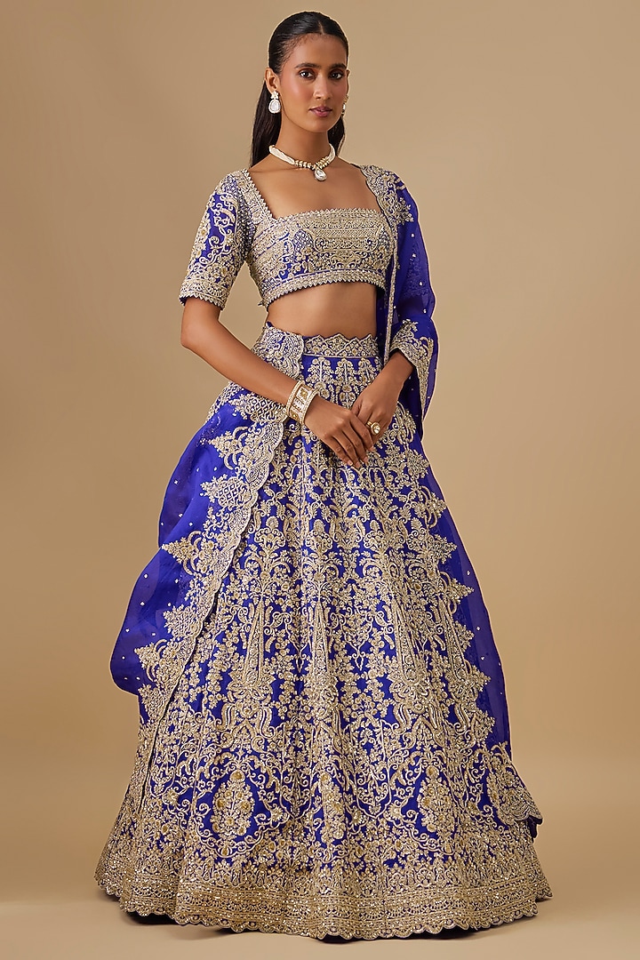 Ink Blue Organza Hand Embroidered Bridal Lehenga Set by Anushree Reddy at Pernia's Pop Up Shop