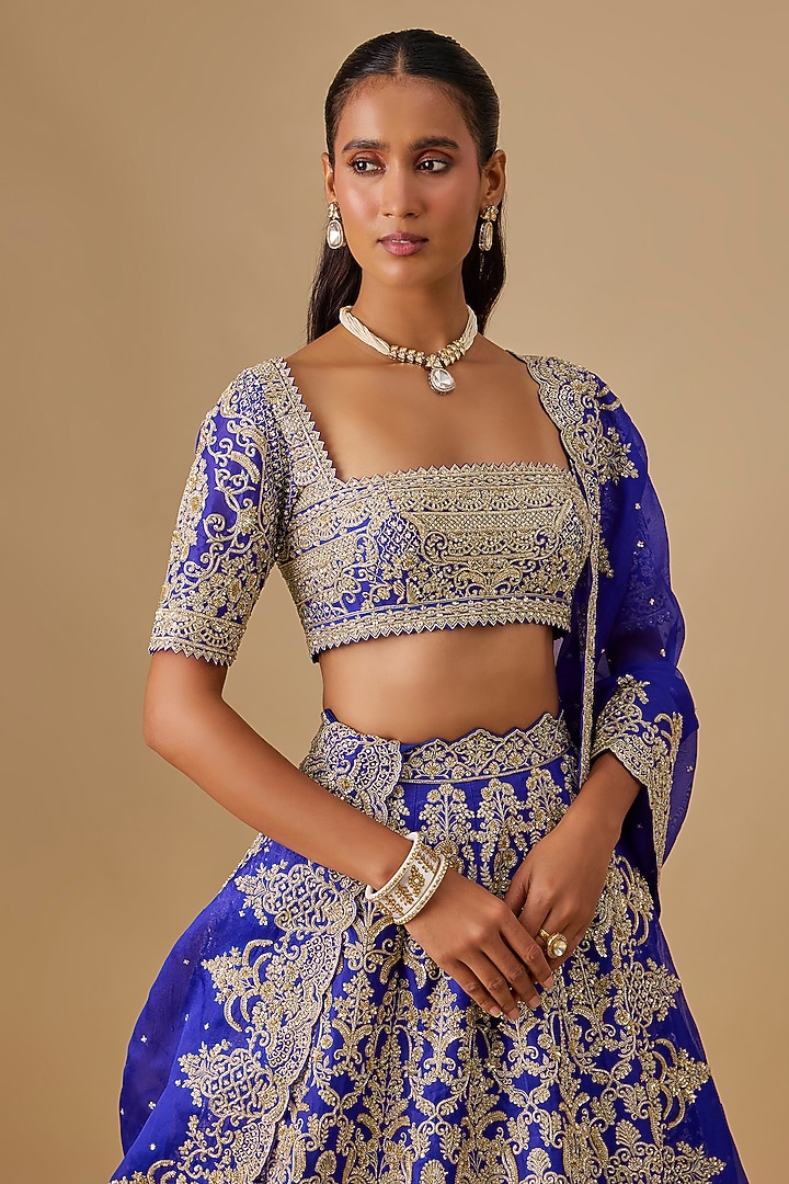 Ink Blue Organza Hand Embroidered Bridal Lehenga Set by Anushree Reddy at Pernia's Pop Up Shop