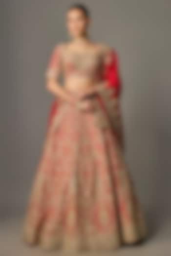 Red Organza Hand Embroidered Bridal Lehenga Set by Anushree Reddy at Pernia's Pop Up Shop