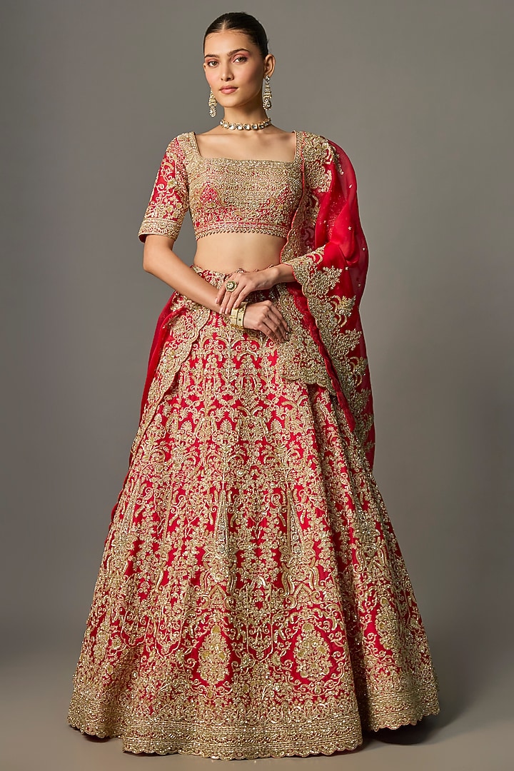 Red Organza Hand Embroidered Bridal Lehenga Set by Anushree Reddy at Pernia's Pop Up Shop