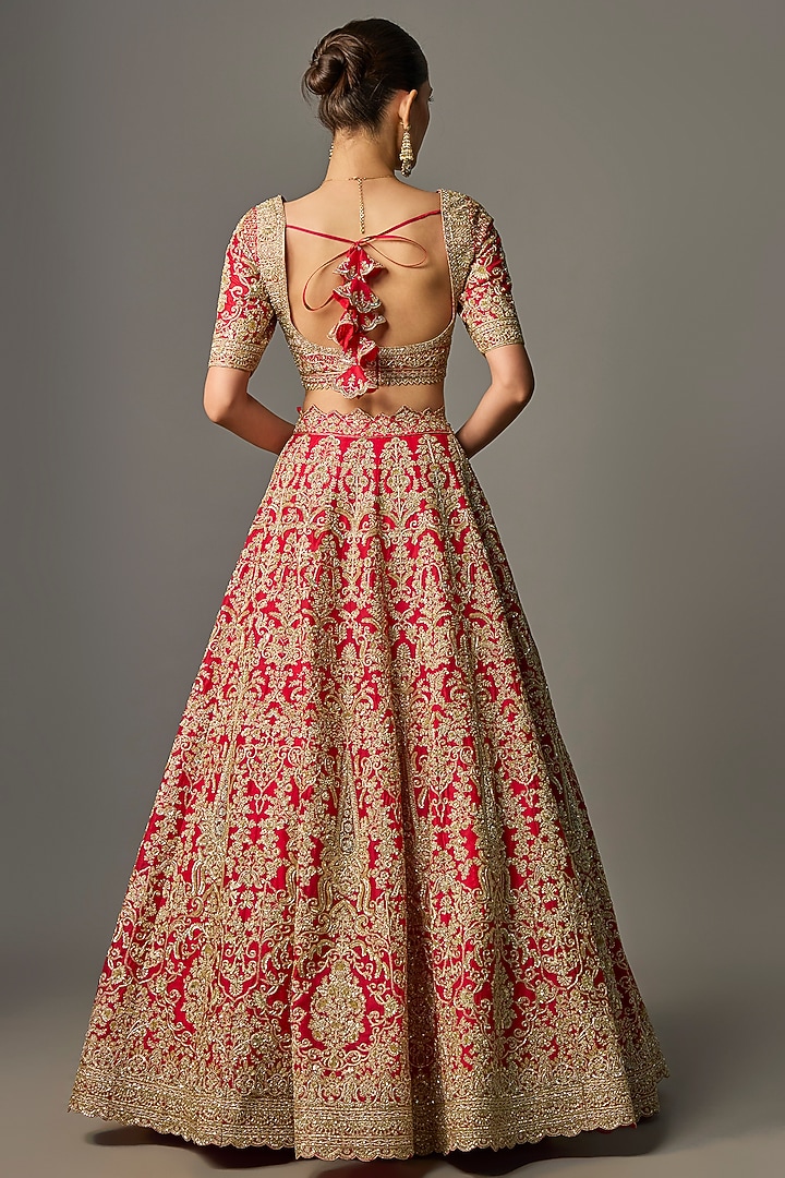Red Organza Hand Embroidered Bridal Lehenga Set by Anushree Reddy at Pernia's Pop Up Shop