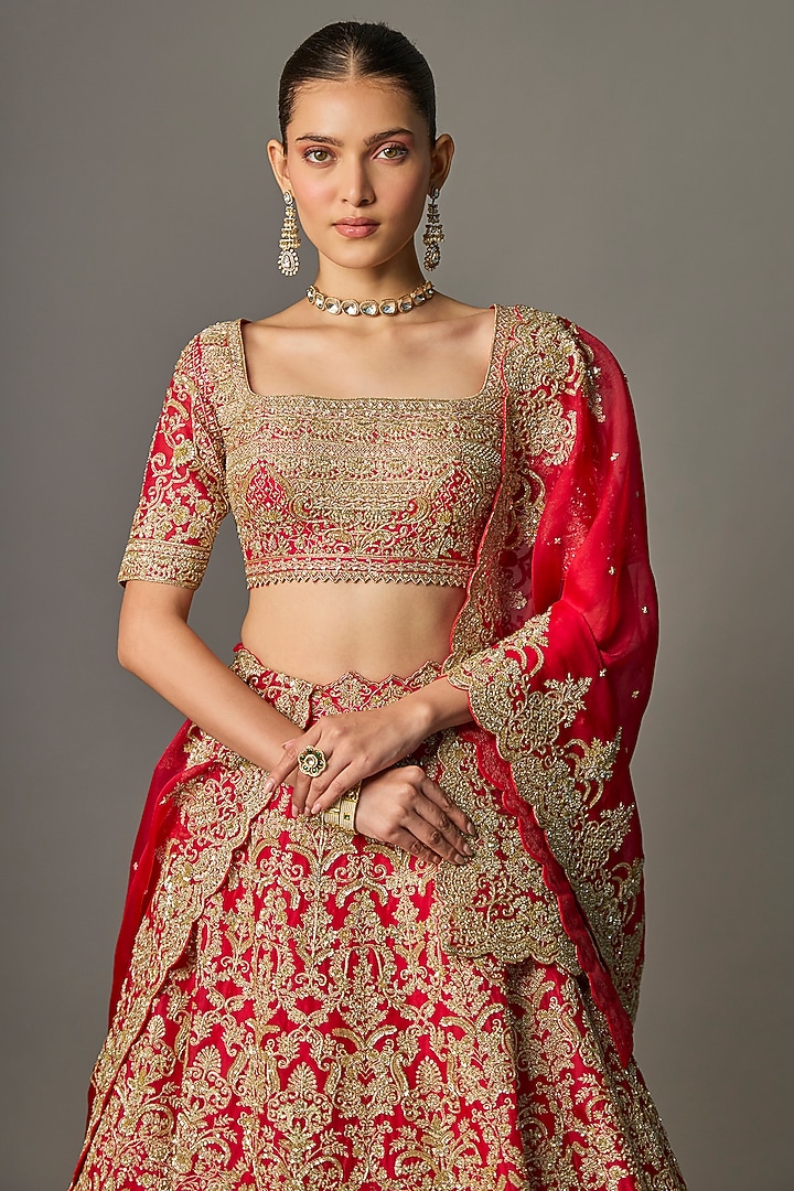 Red Organza Hand Embroidered Bridal Lehenga Set by Anushree Reddy at Pernia's Pop Up Shop